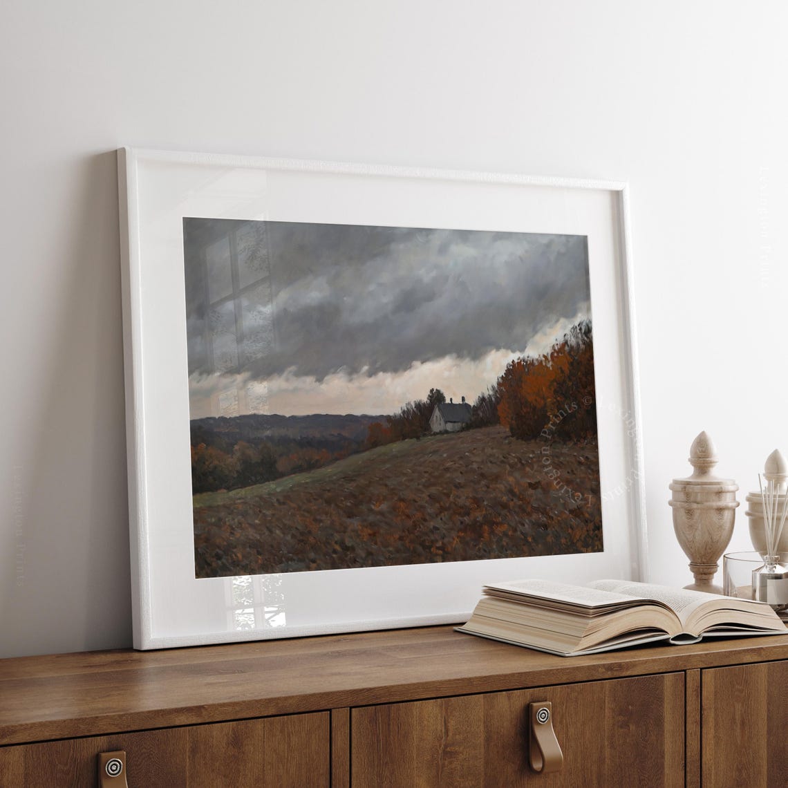Stormy Autumn Hillside with Cottage Dark Clouds Oil Painting Poster - Image 3