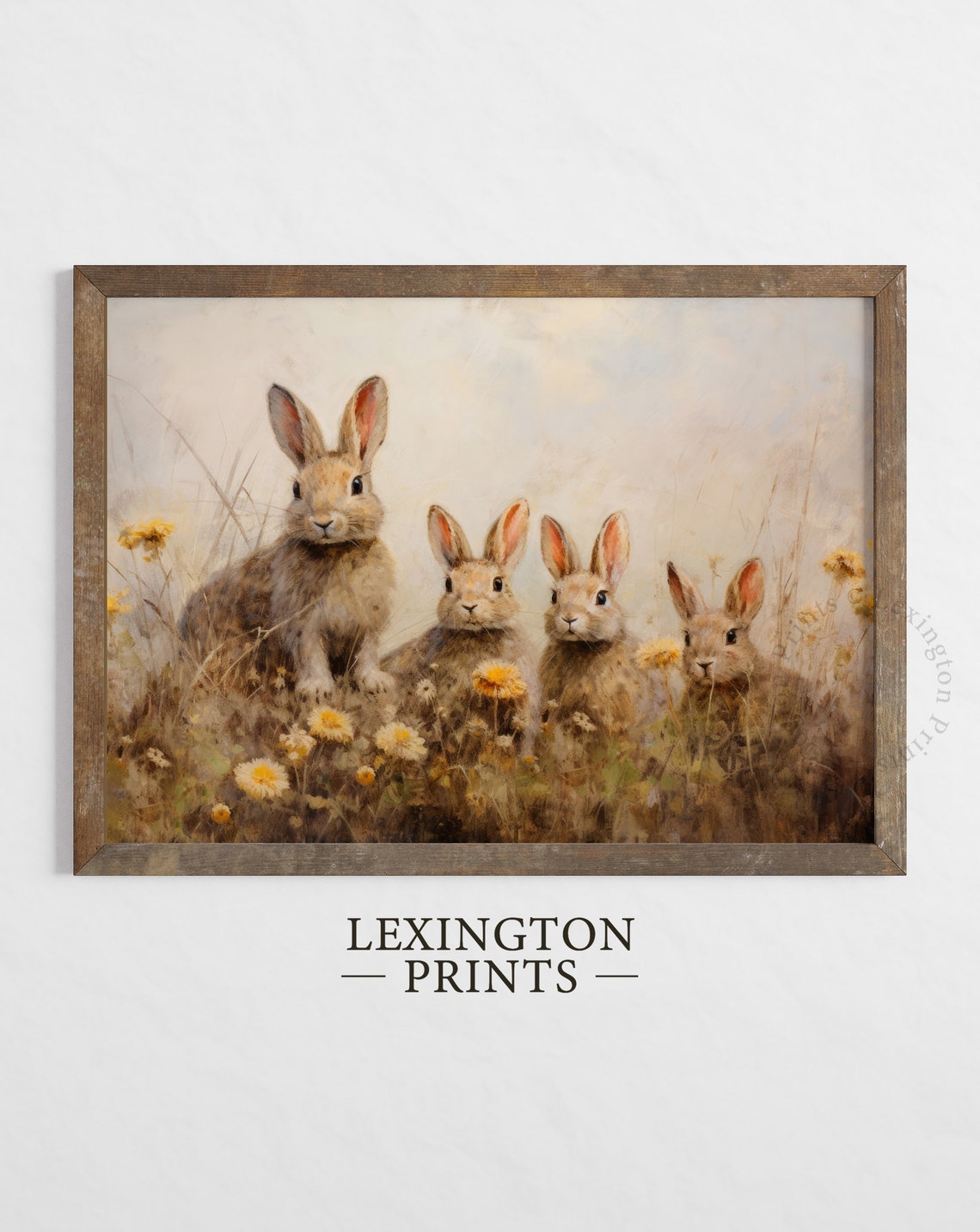 Four Bunnies in Spring Meadow with Yellow Flowers Vintage Wall Art - Image 2