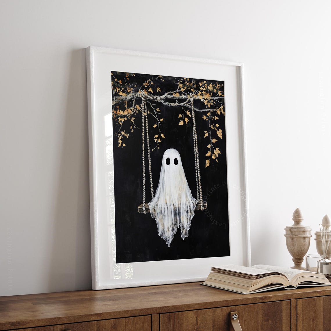 Cute White Ghost on a Swing Under Autumn Tree Halloween Poster - Image 4