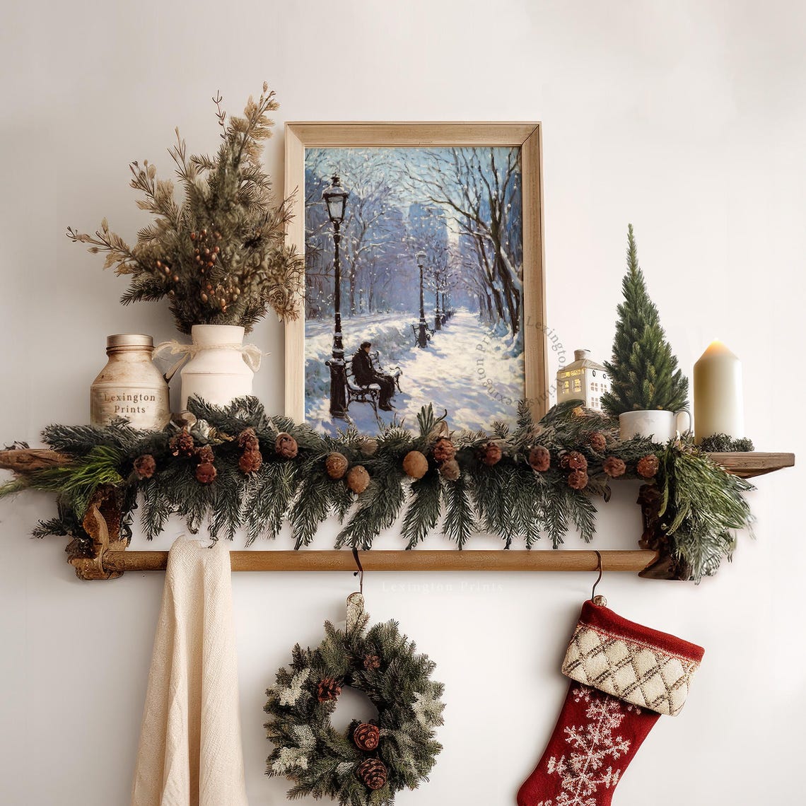 Snowy Park Path Winter Lamppost Bench Impressionist City Park Poster - Image 4