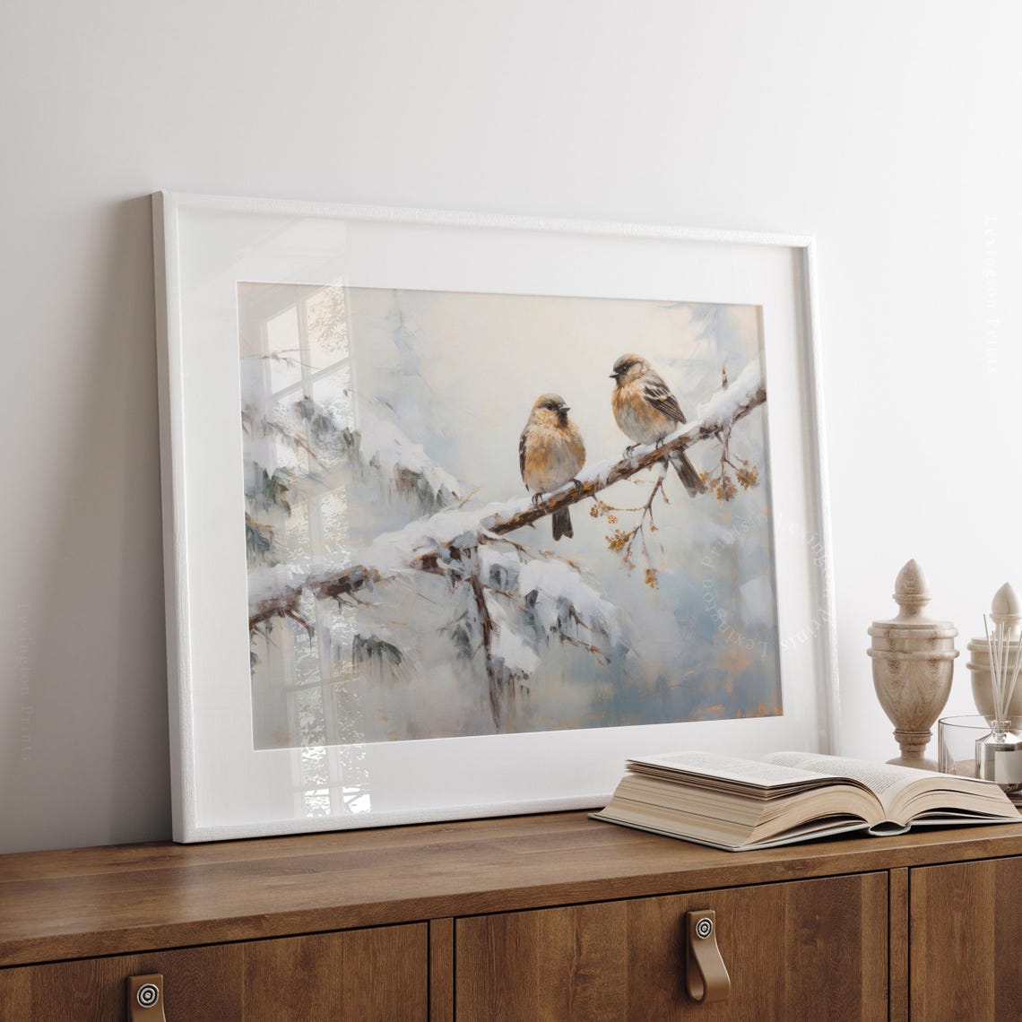 Two Fluffy Songbirds Resting on Snowy Pine Branch Winter Poster - Image 7