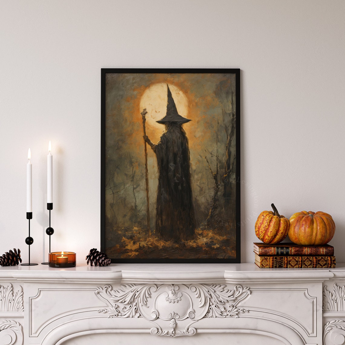 Mysterious Cloaked Wizard With Staff Standing Before Full Moon Poster - Image 4