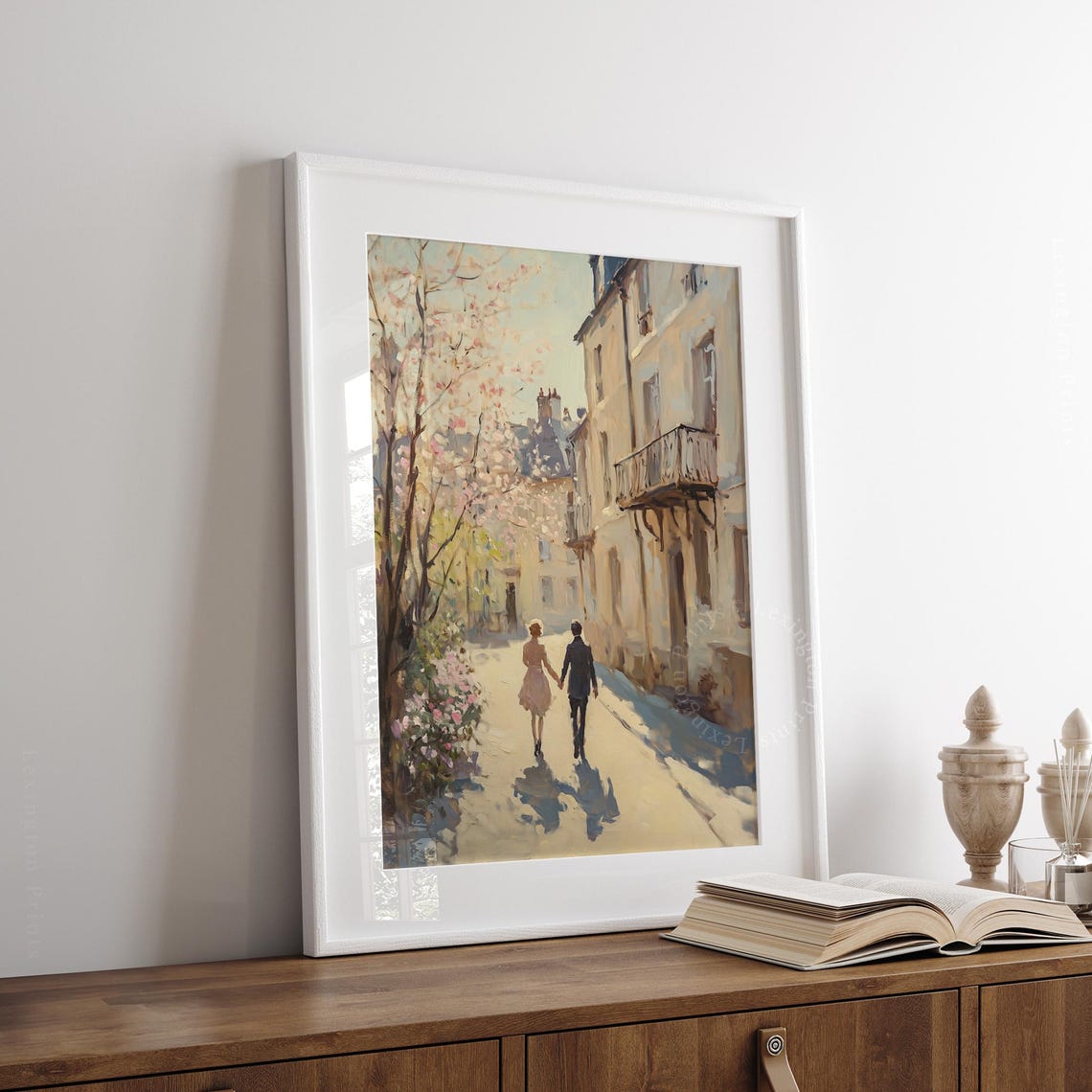 Couple Holding Hands on Cherry Blossom Street Spring Love Wall Art - Image 3
