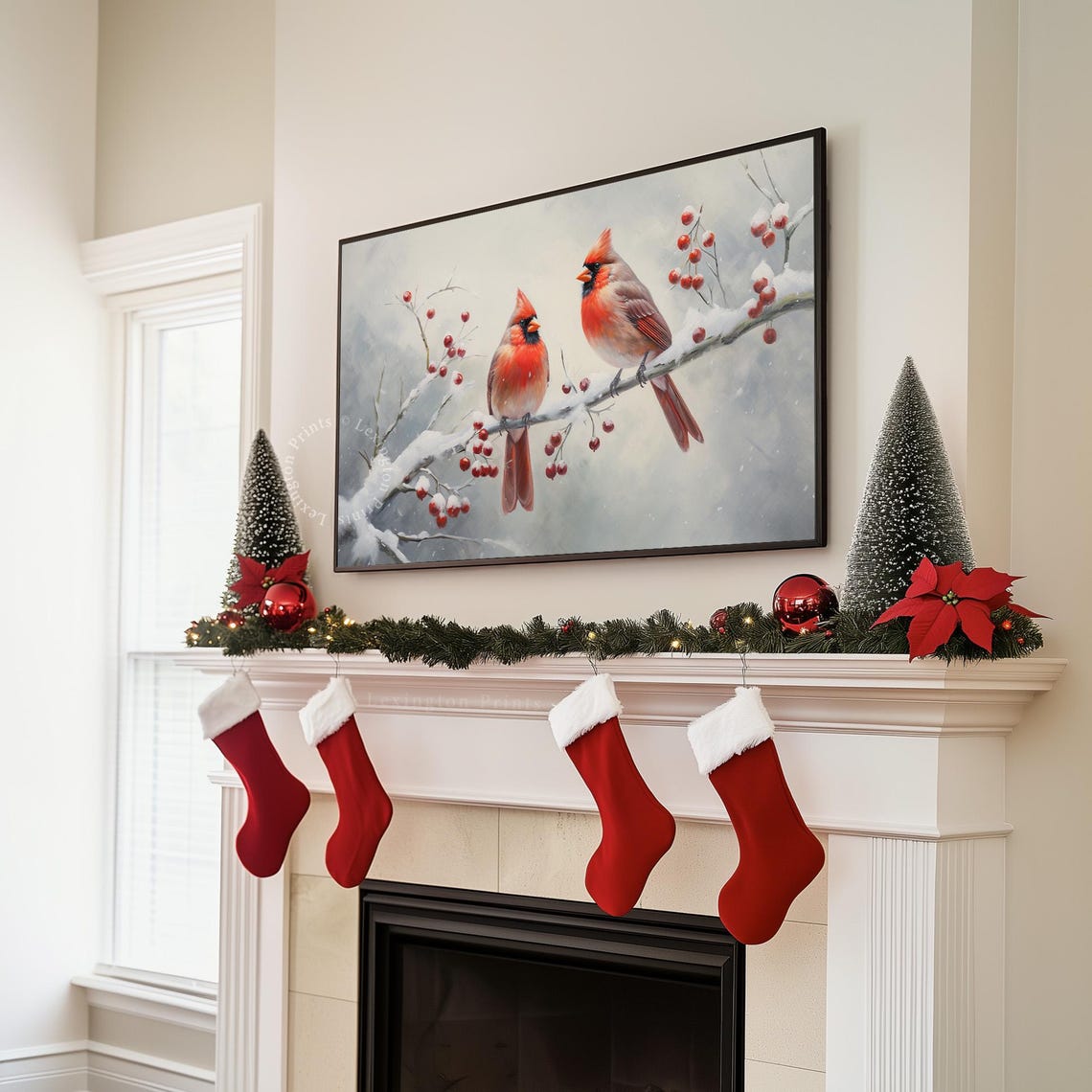 Two Red Cardinals perched on Snowy Branch Winter Bird Poster - Image 6
