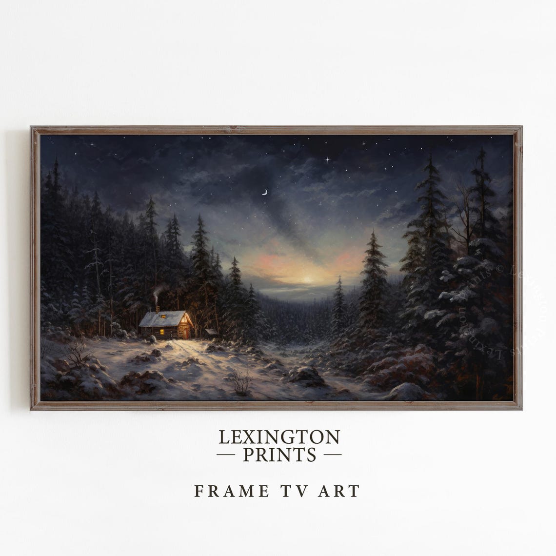 Snowy Cabin Night Forest Crescent Moon Starry Sky Frame TV Art Poster - Image 5