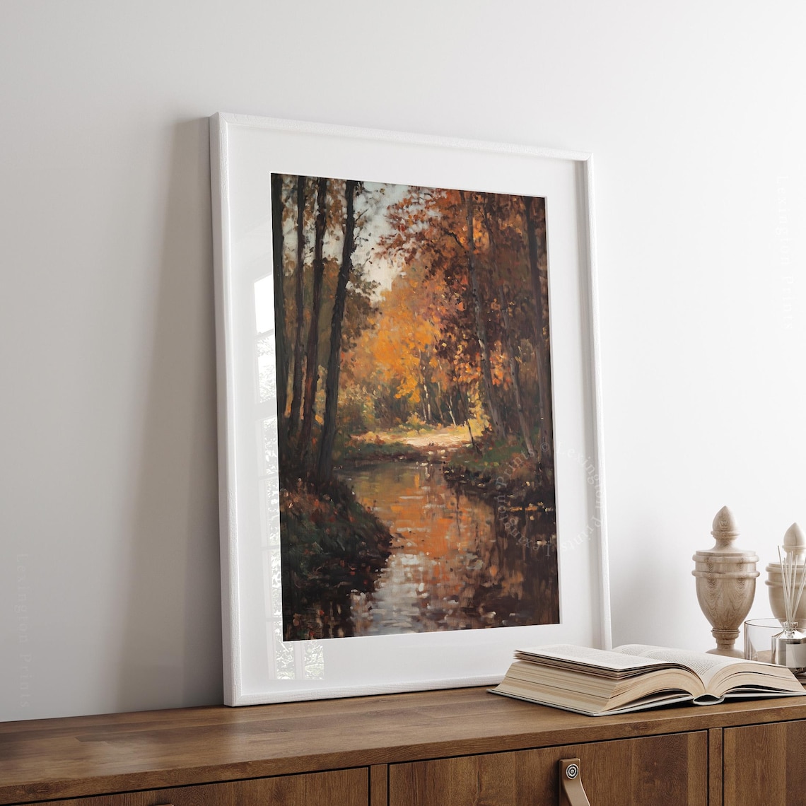 Moody Fall River Dark Forest Reflection Vintage Oil Painting Poster - Image 8