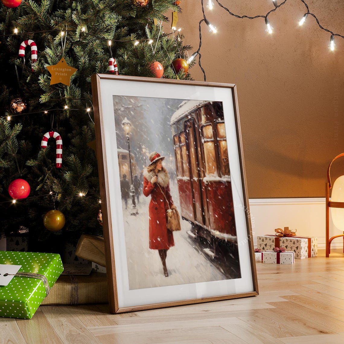 Vintage Christmas Wall Art Woman Christmas Oil Painting Christmas Decor Vintage 1950s Winter Print City Train Art Holiday Art Winter Art 309 - Image 7