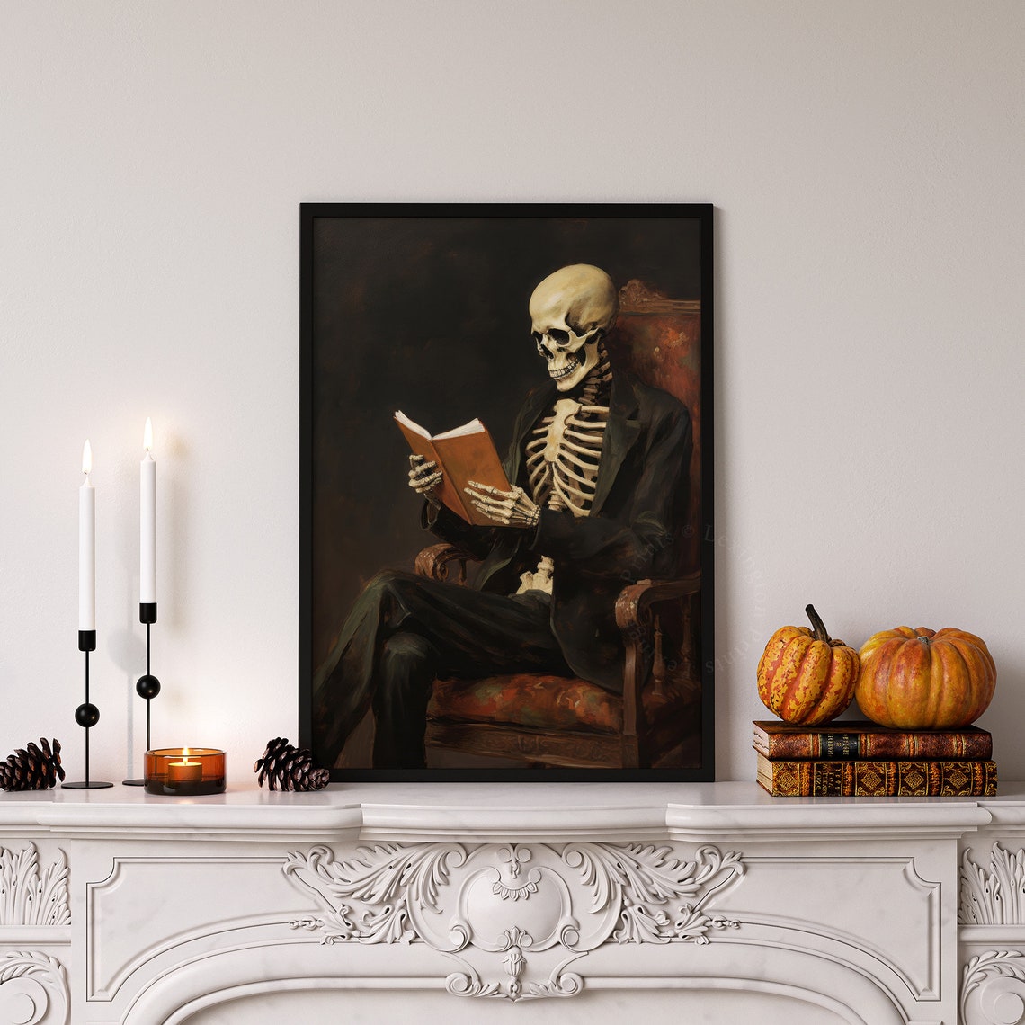 Skeleton Reading Book in Leather Armchair Moody Halloween Wall Art - Image 4