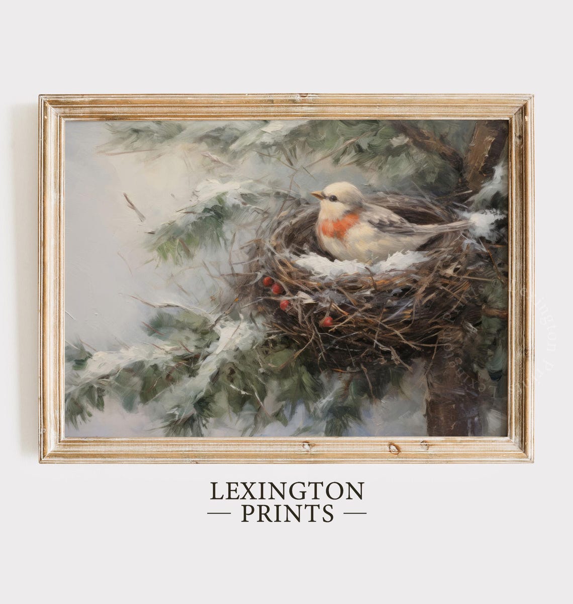 Small Bird in Snowy Nest on Pine Branch Winter Painting Poster