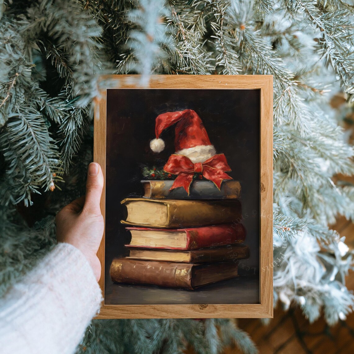 Stack of Old Books with Santa Hat and Red Bow Christmas Poster - Image 8