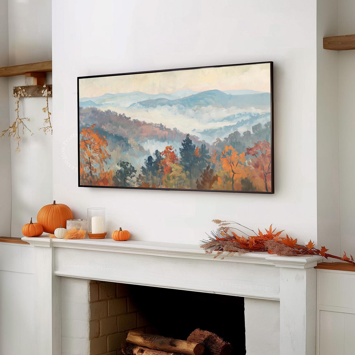 Foggy Fall Mountains with Orange Autumn Trees Frame TV Art Print - Image 7