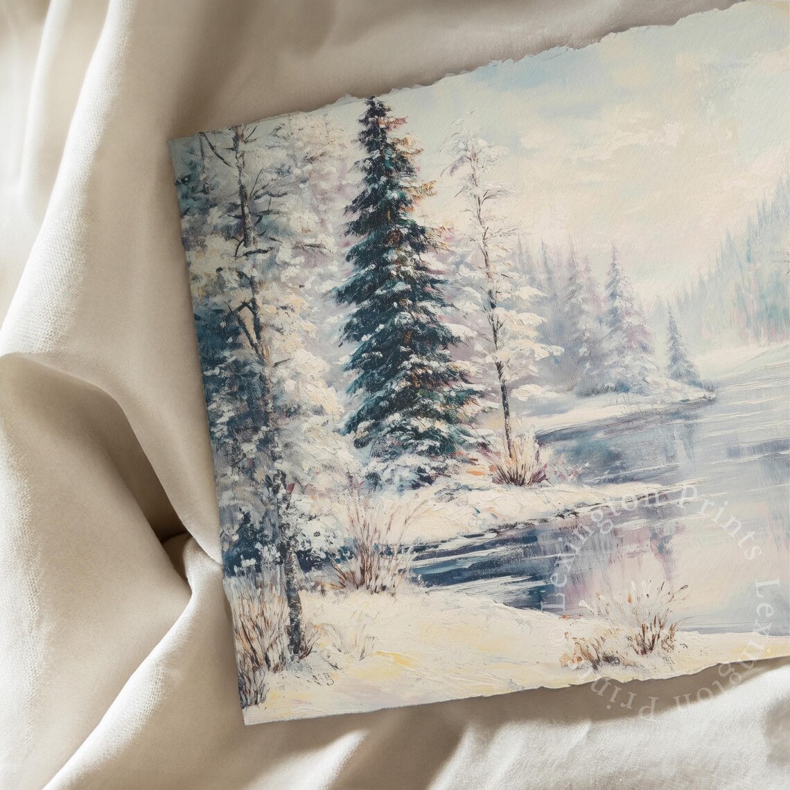 Frozen Lake Evergreen Forest Snowy Winter Landscape Painting Poster - Image 6