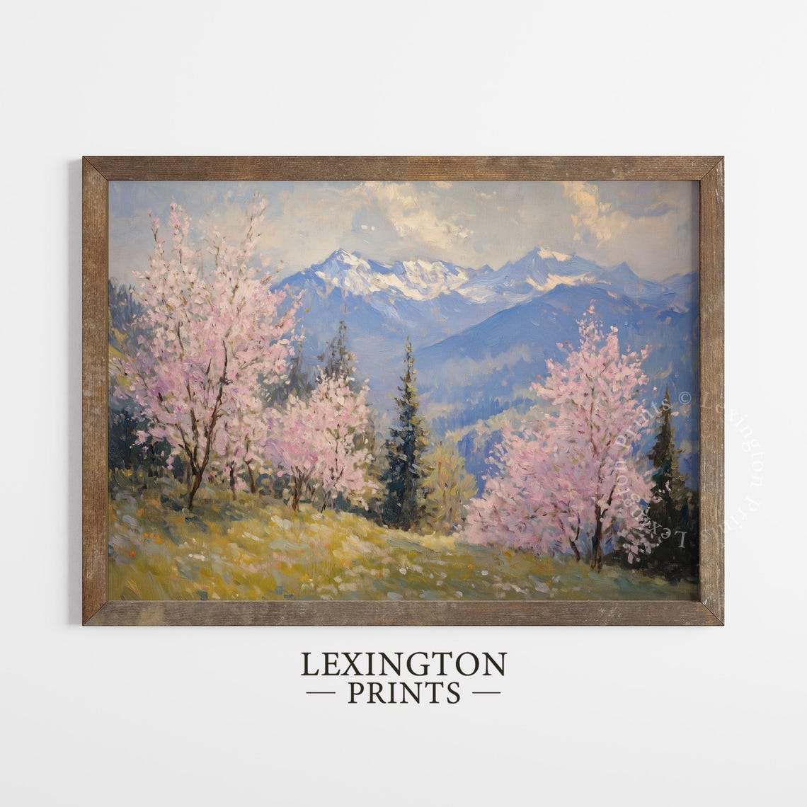 Pink Cherry Blossom Trees with Snowy Mountain Backdrop Wall Art - Image 2