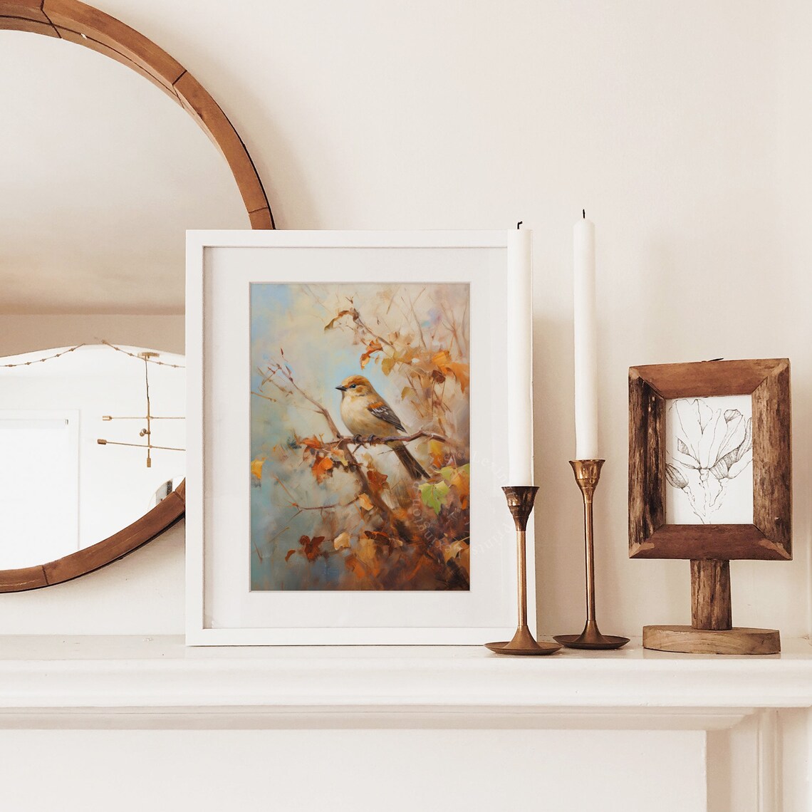 Songbird on Golden Autumn Branch Fall Leaves Rustic Bird Poster - Image 4