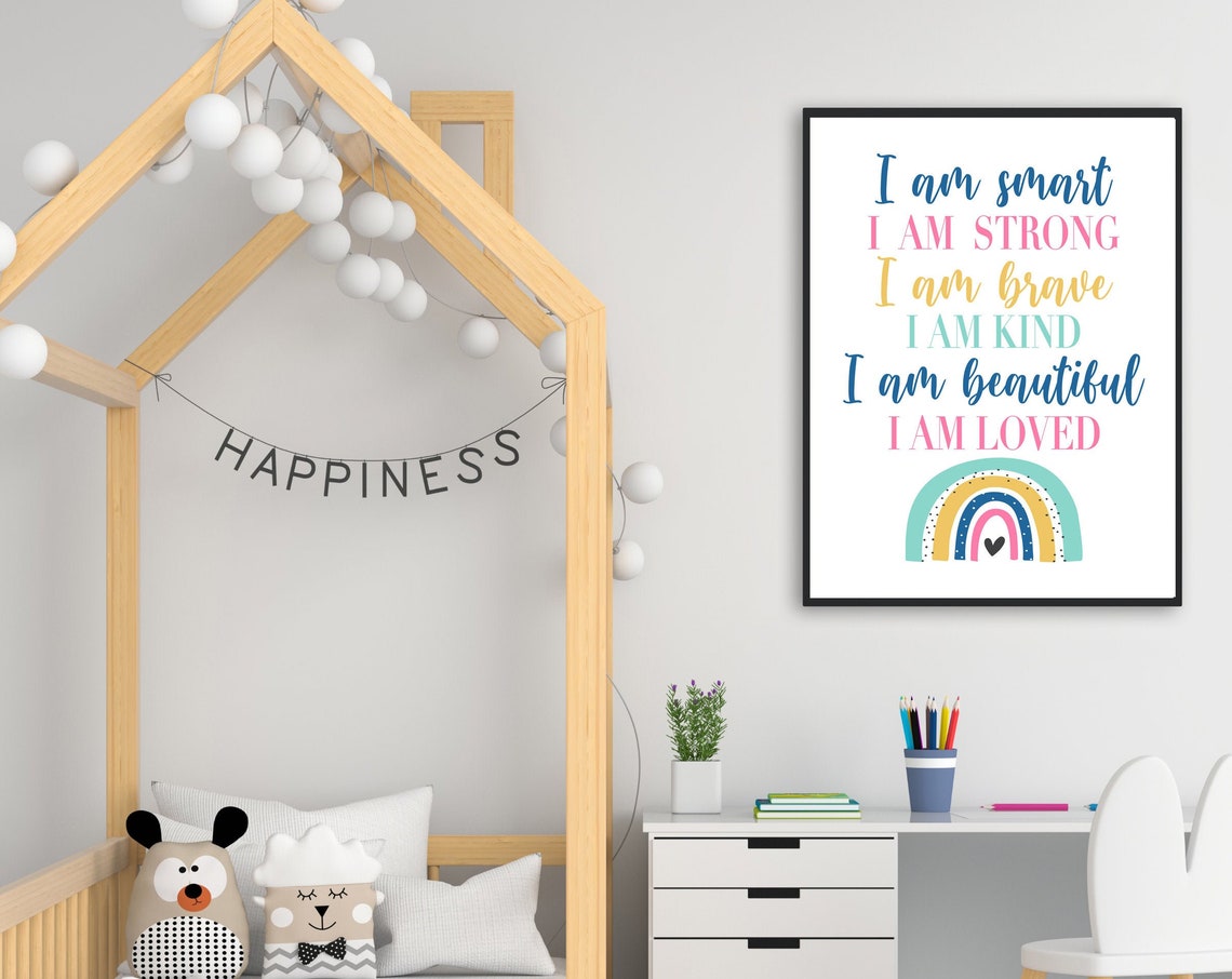 I Am Smart Strong Brave Kind Rainbow Affirmation Poster for Girls
