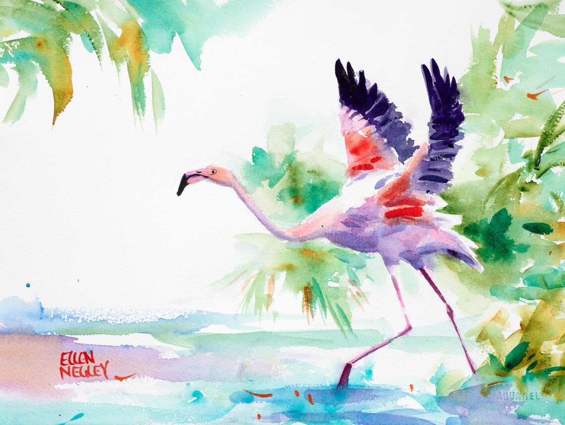 Pink Flamingo Watercolor, Key West Art Print