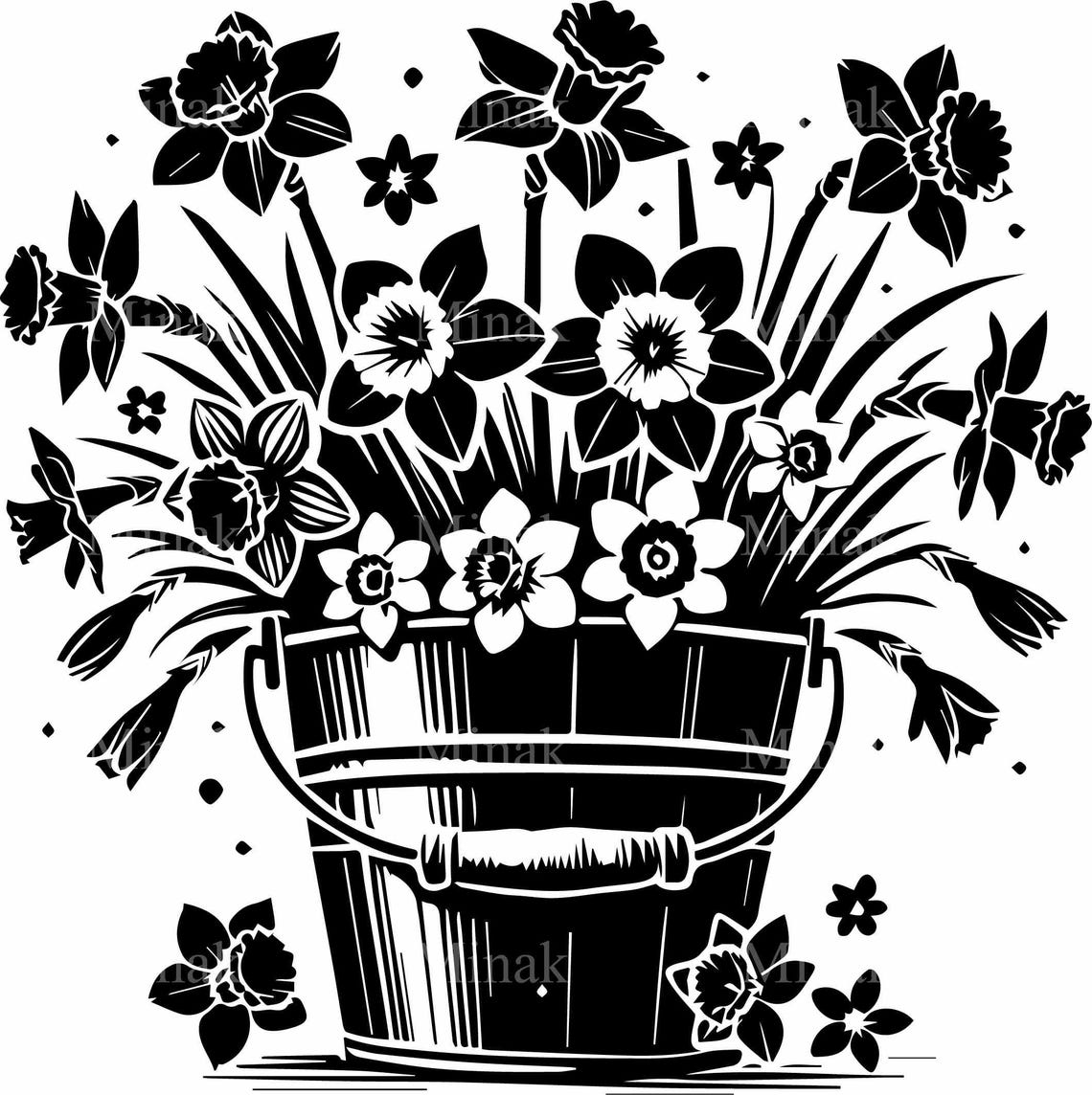 Daffodils In Rustic Bucket Black Floral Silhouette Spring Poster - Image 3