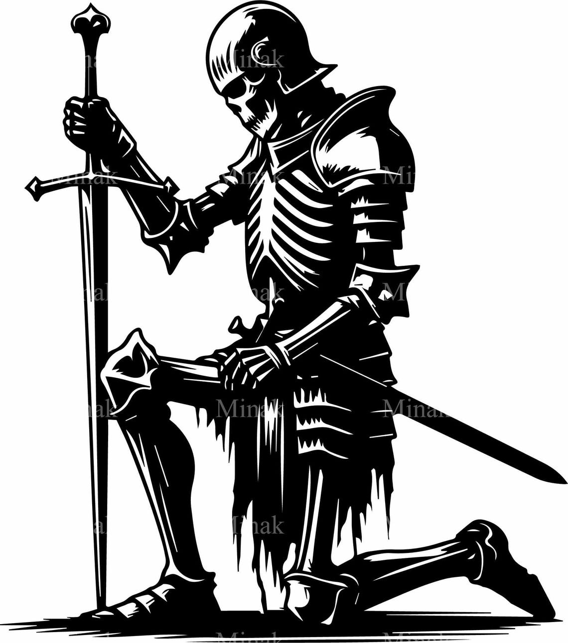 4 Kneeling Skeleton Warrior Svg Medieval Undead Knight With Sword Gothic Fantasy Silhouette Cut File - Image 4