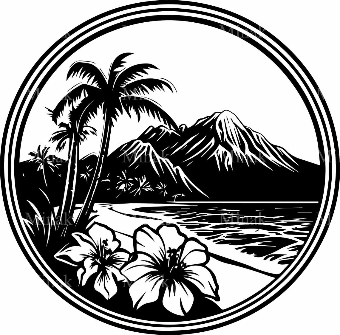 Tropical Beach Circle Palm Hibiscus Ocean Waves Island Poster - Image 3
