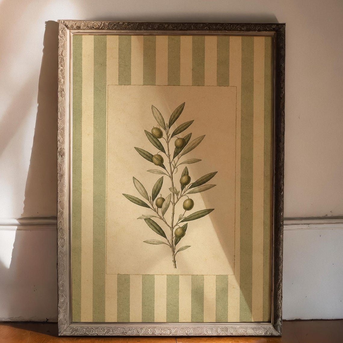 Vintage Olive Branch Botanical Print Japanese Inspired Striped Wall Art