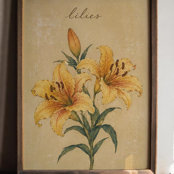 Golden Lilies Wall Art Vintage Botanical Flower Poster Mustard Floral Print Cottagecore Garden Decor
