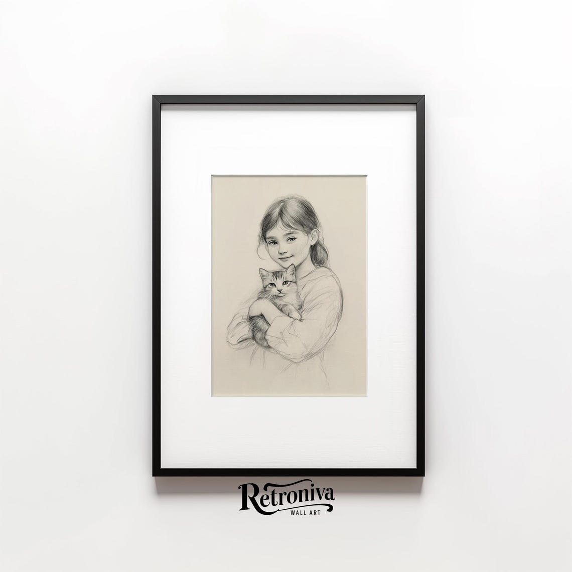 Sweet Girl Holding Kitten Pencil Sketch Minimalist Nursery Poster - Image 6