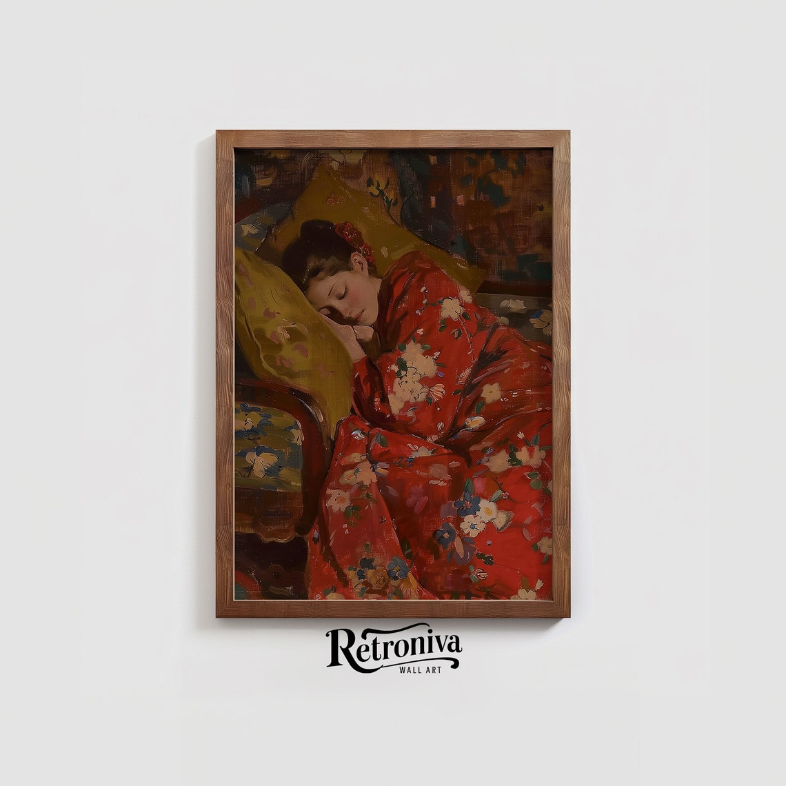 Tired Woman Sleeping In Red Kimono Vintage Portrait Oil Painting People Portrait Wall Art Print Retroniva Art Prt 003 - Image 2