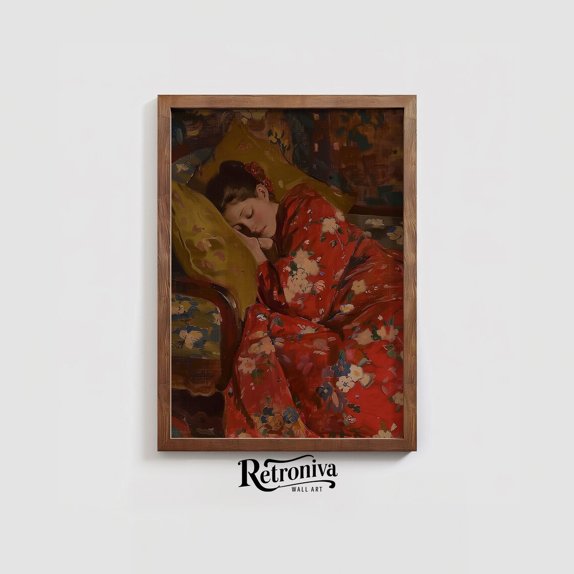 Tired Woman Sleeping Red Kimono Chaise Vintage Portrait Oil Painting Poster - Image 2
