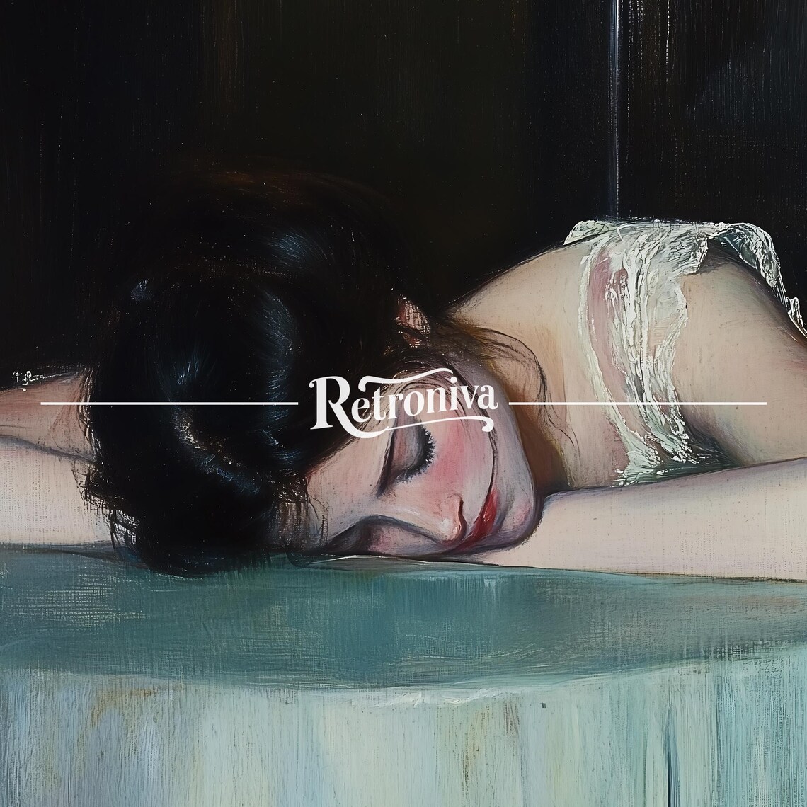 Sleepy Woman Resting Head Table Dark Moody Vintage Oil Painting Poster - Image 7
