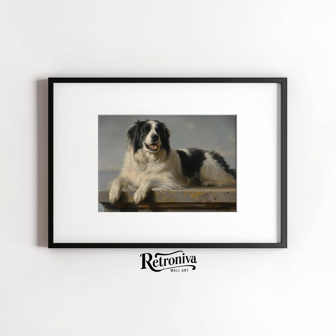 Black and White Newfoundland Dog Lying on Pier Vintage Pet Poster - Image 6