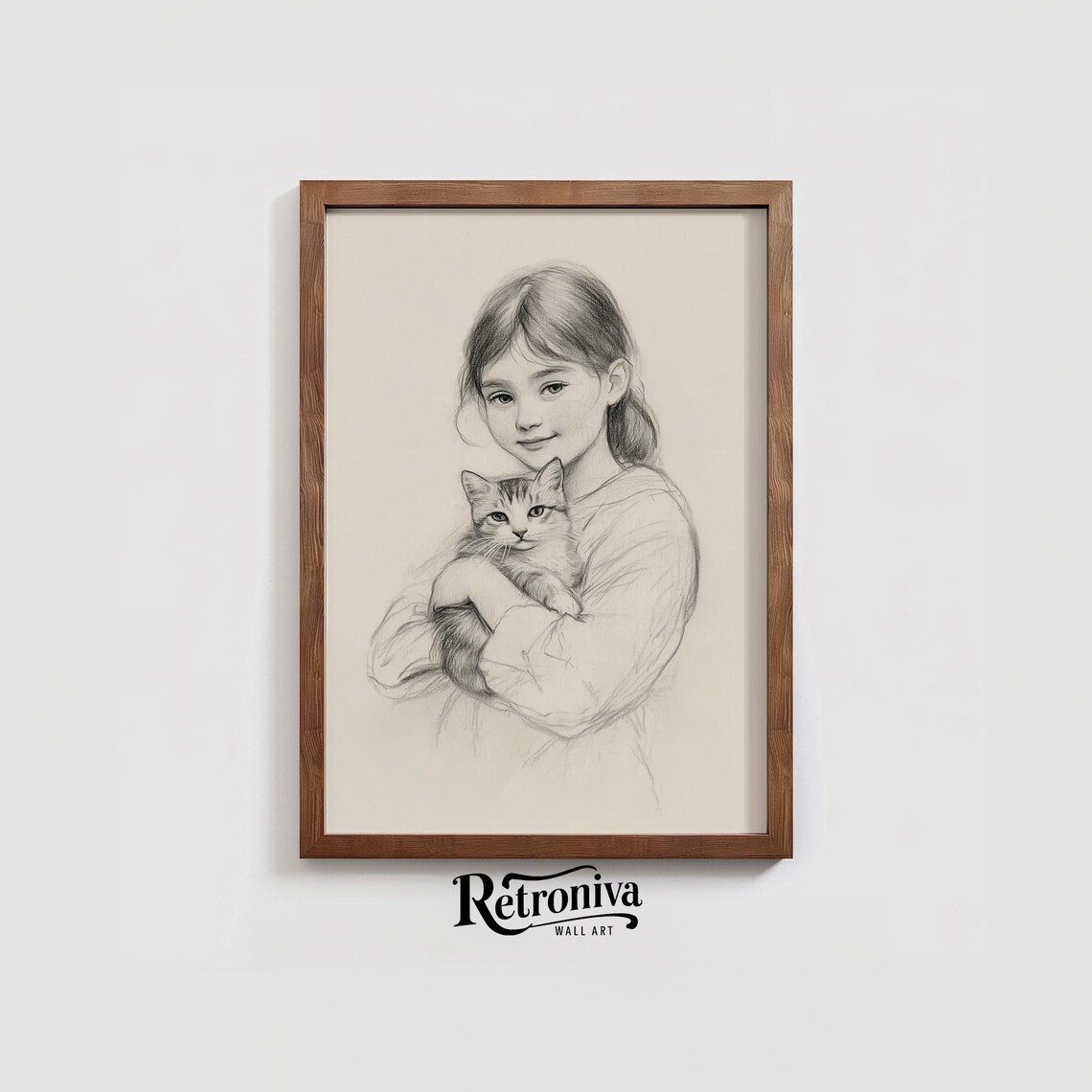 Sweet Girl Holding Kitten Pencil Sketch Minimalist Nursery Poster - Image 3
