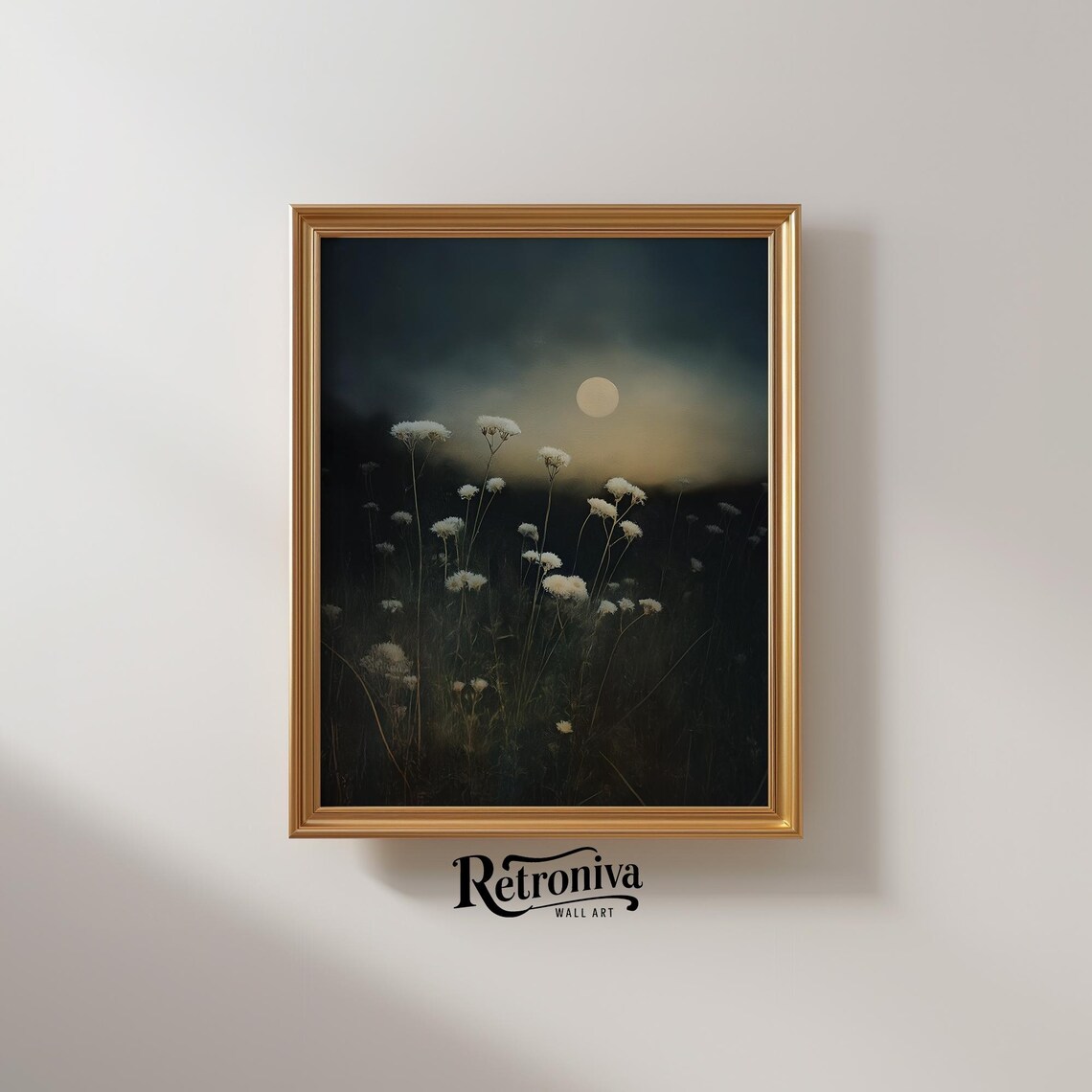 Dandelions Under Full Moon Dark Moody Night Meadow Vintage Painting Poster - Image 2