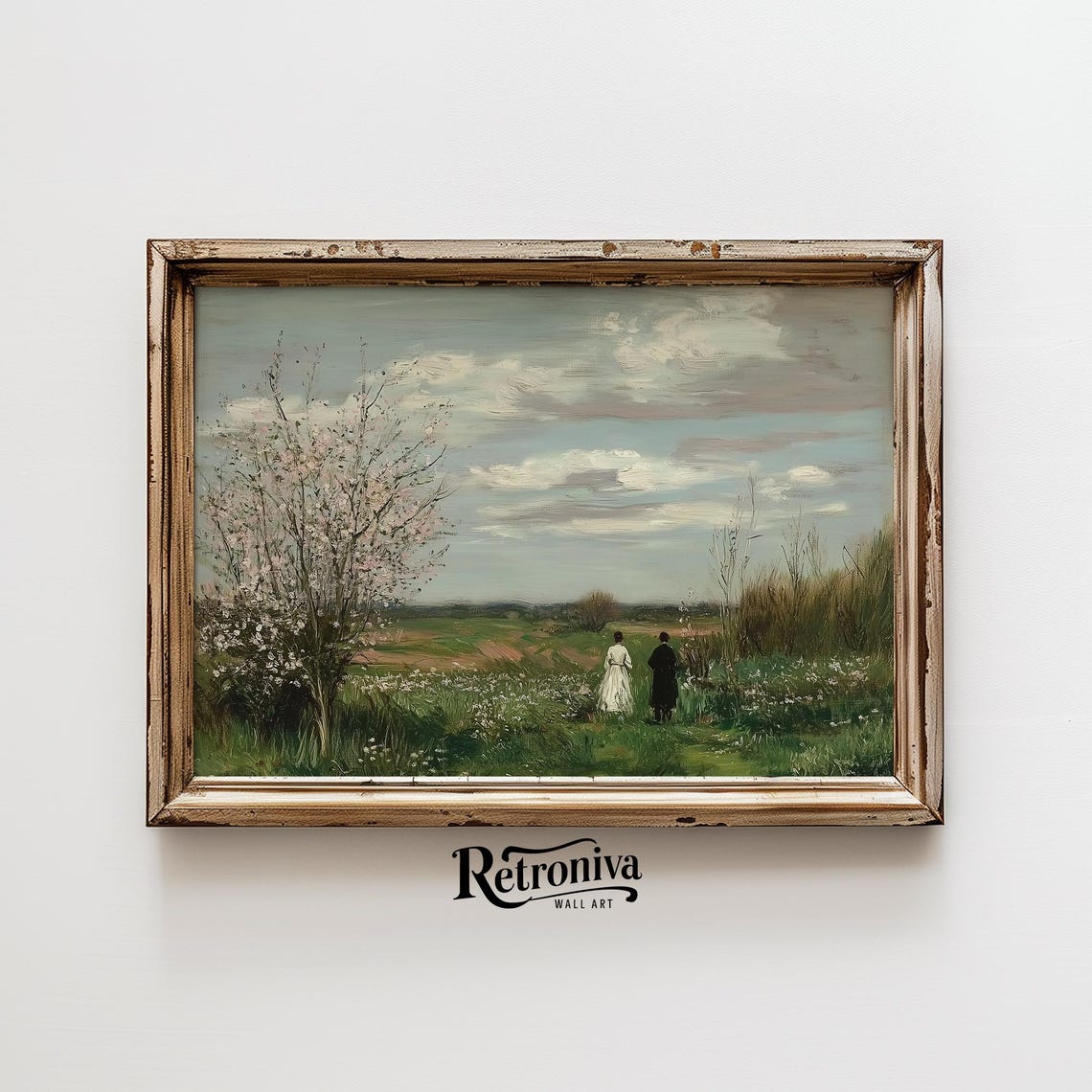 Couple In Country Field Vintage Landscape Oil Painting Wildflowers Meadow Print Cottagecore Wall Decor Retroniva Art Lnd 003 - Image 6
