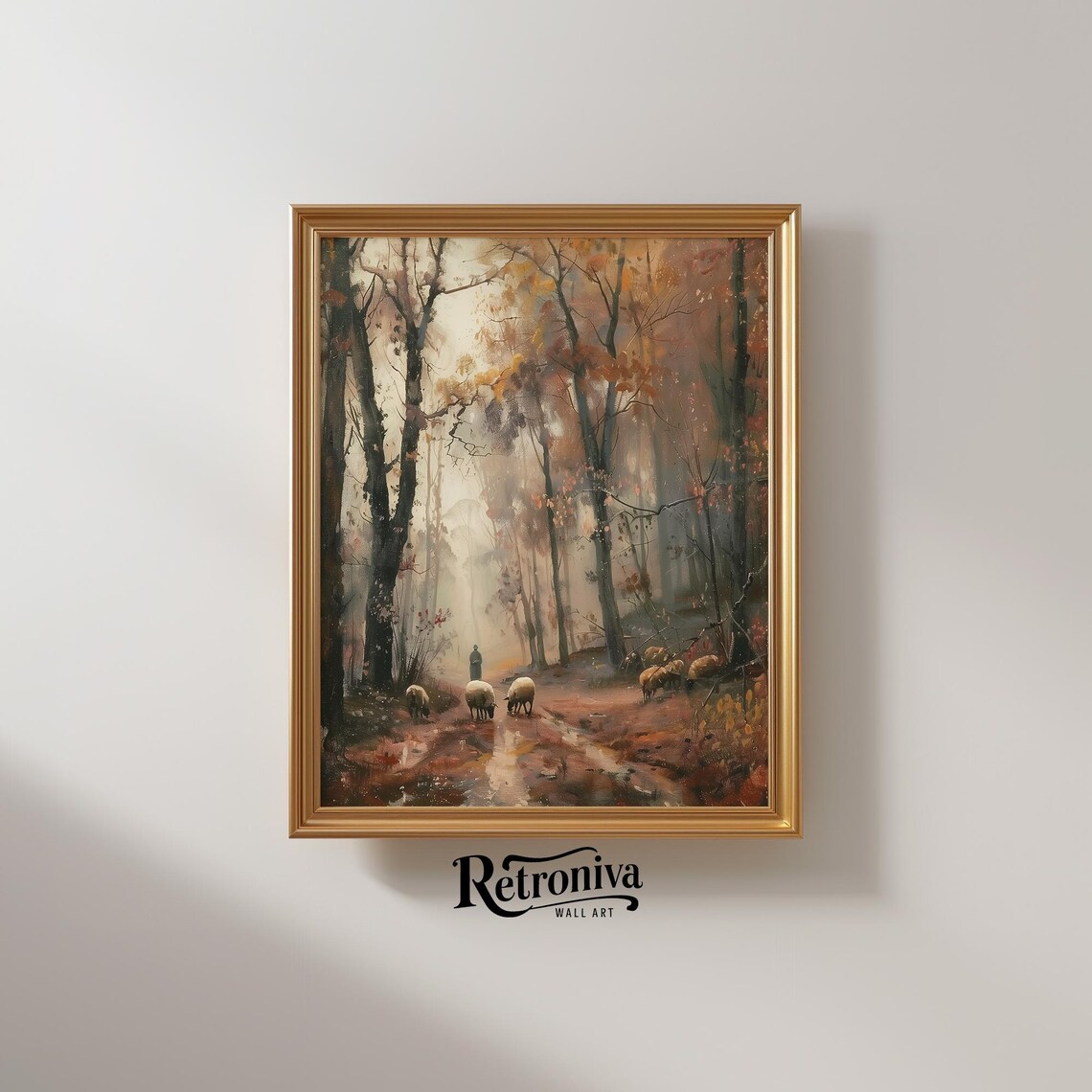 Sheep and Shepherd Vintage Autumn Forest Art Print - Image 2