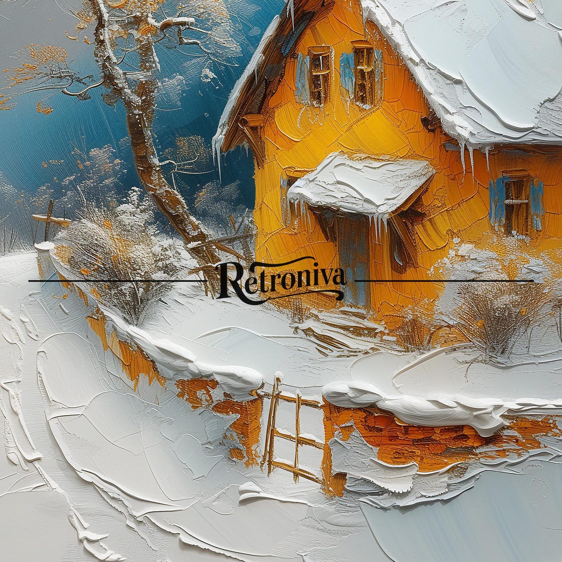 Yellow Cottage In Snowy Winter Landscape Oil Painting Rustic Country Farmhouse Decor Christmas Wall Art Retroniva Art Wnt 010 - Image 7