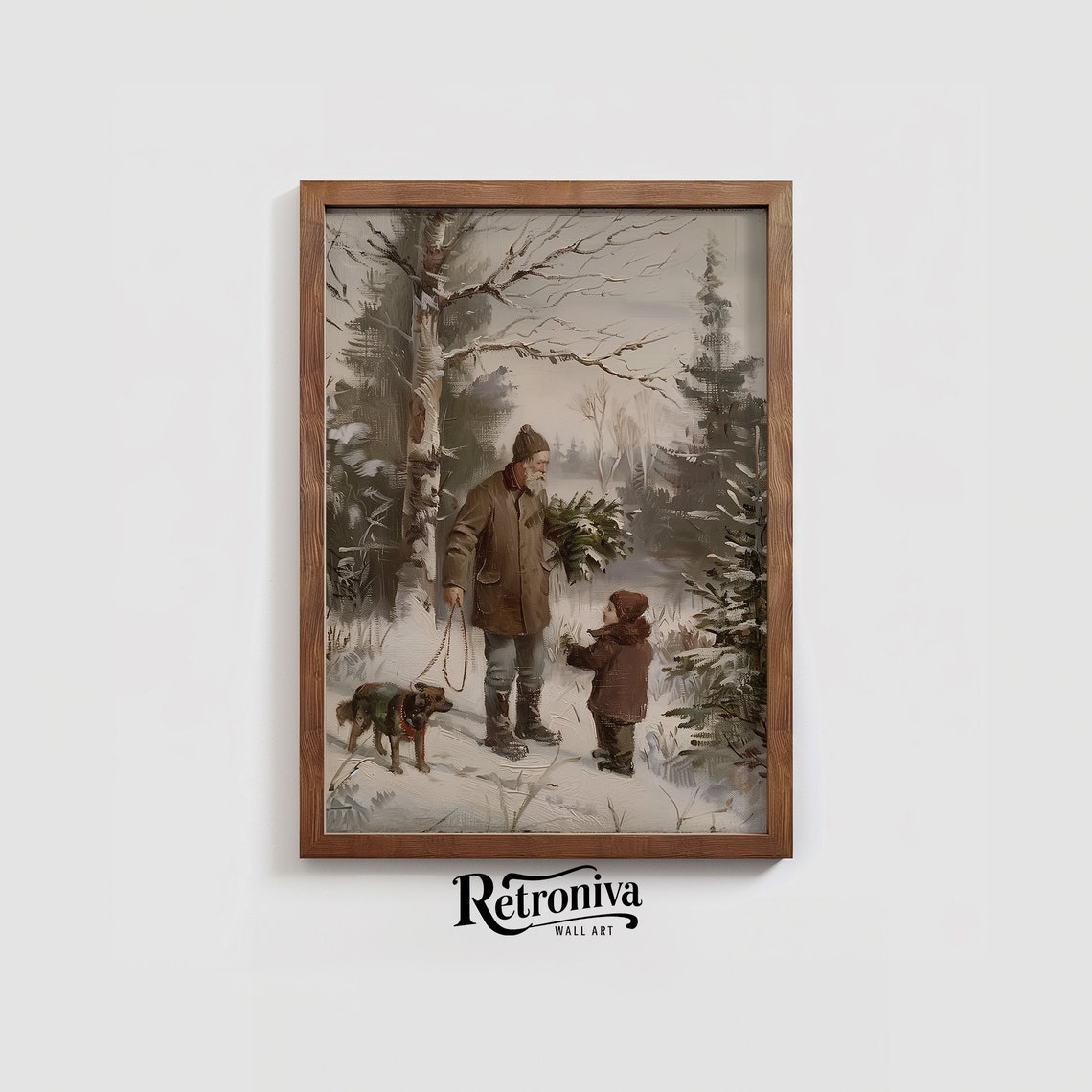 Grandfather Child and Dog Bringing Christmas Tree Winter Poster - Image 4
