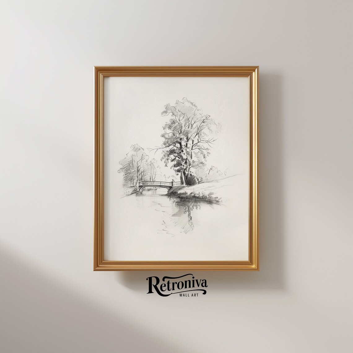Countryside Bridge Landscape Vintage Sketch Art Print
