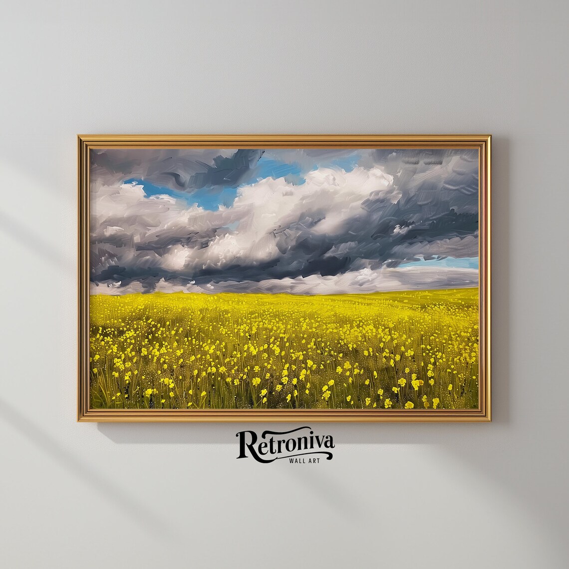 Yellow Wildflower Field Under Storm Clouds Dramatic Meadow Painting Poster - Image 2