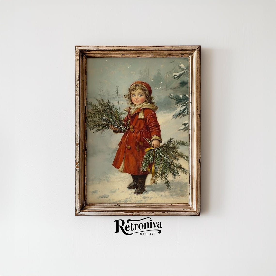 Vintage Christmas Girl In Red Coat Holding Evergreen Boughs Poster - Image 4