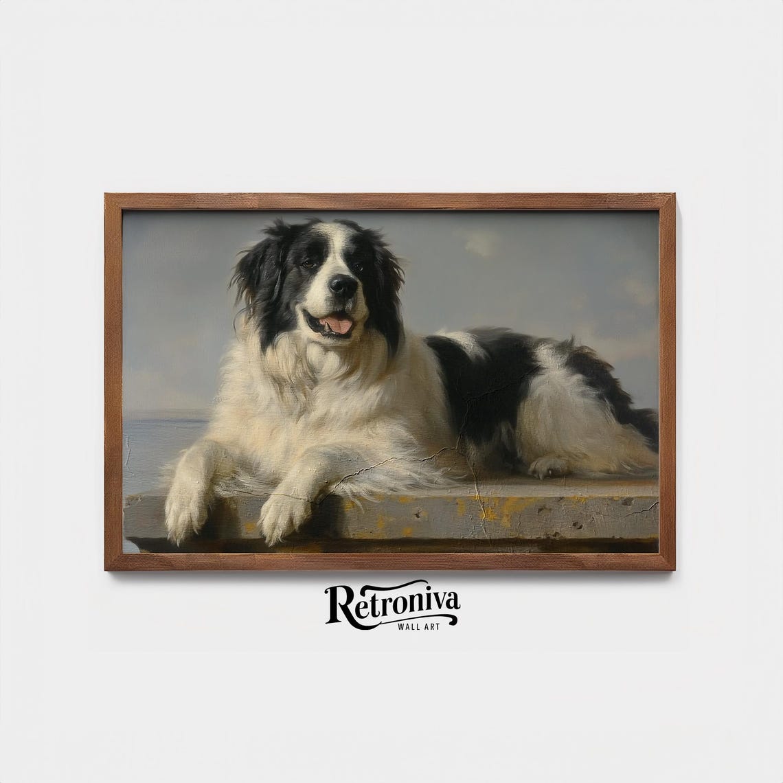 Black and White Newfoundland Dog Lying on Pier Vintage Pet Poster - Image 3