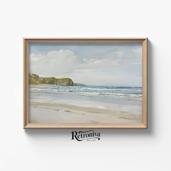Calm Beach Waves and Distant Cliffs Soft Blue Nautical Poster