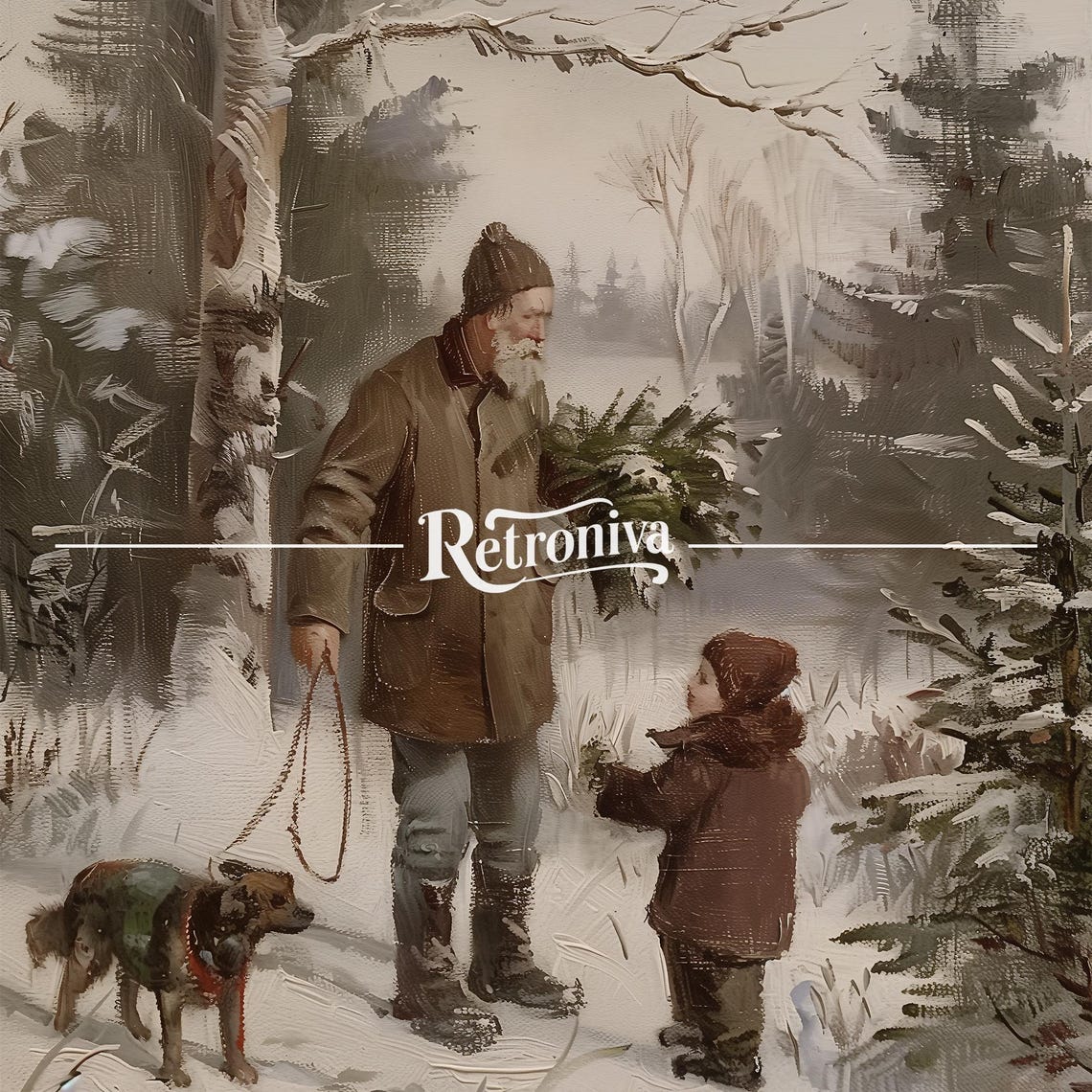 Grandfather Child and Dog Bringing Christmas Tree Winter Poster - Image 7