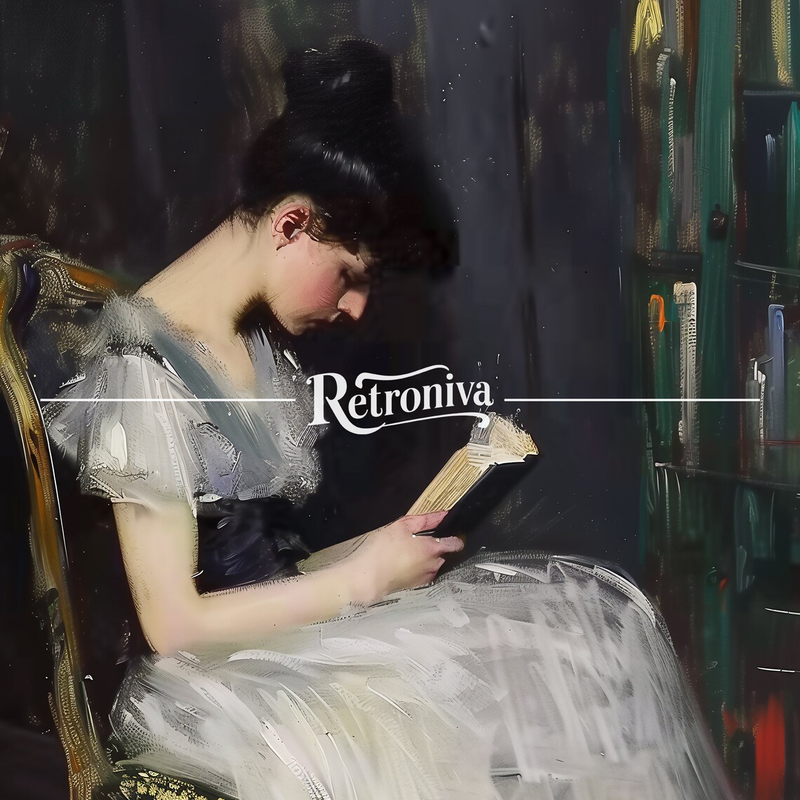Woman Reading Book White Gown Dark Library Vintage Portrait Painting Poster - Image 6