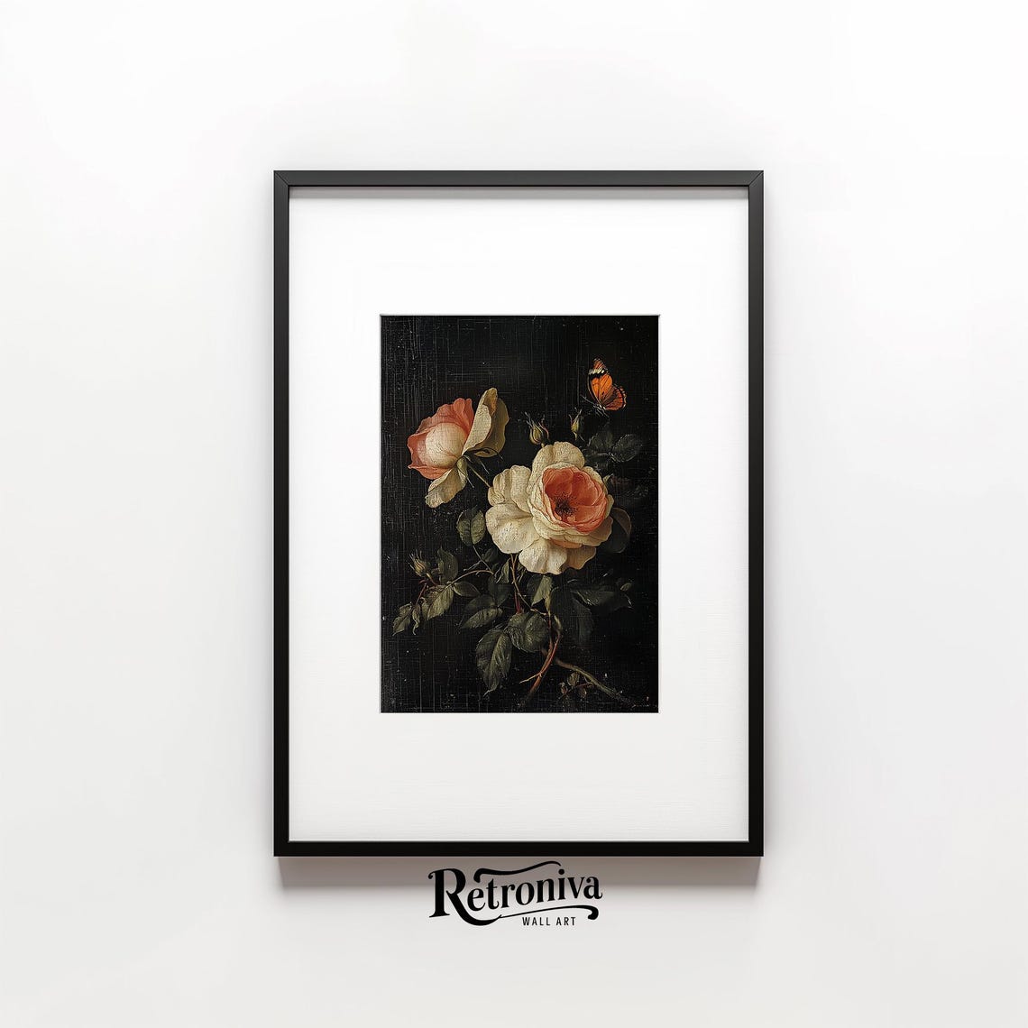 Roses With Butterfly Dark Floral Vintage Botanical Black Art Poster - Image 4