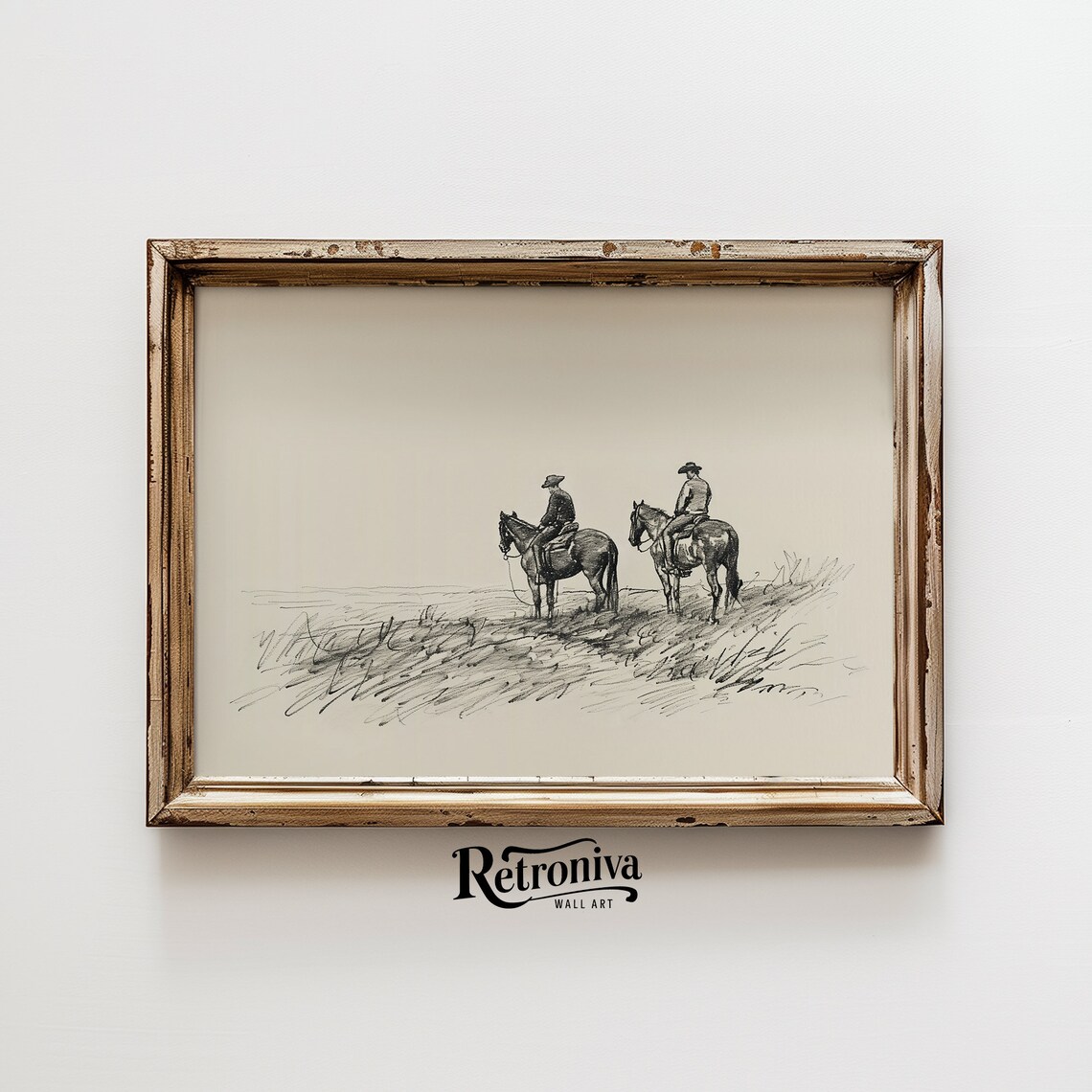 Cowboys On Horses Sketch Print, Vintage Farmhouse - Image 3