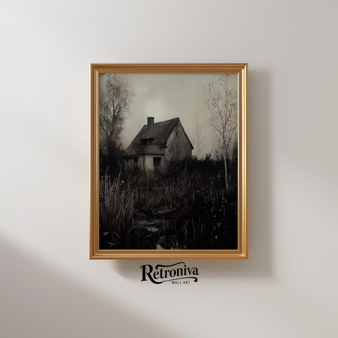 Abandoned Cottage at Night Moody Dark Countryside Painting Poster - Image 2