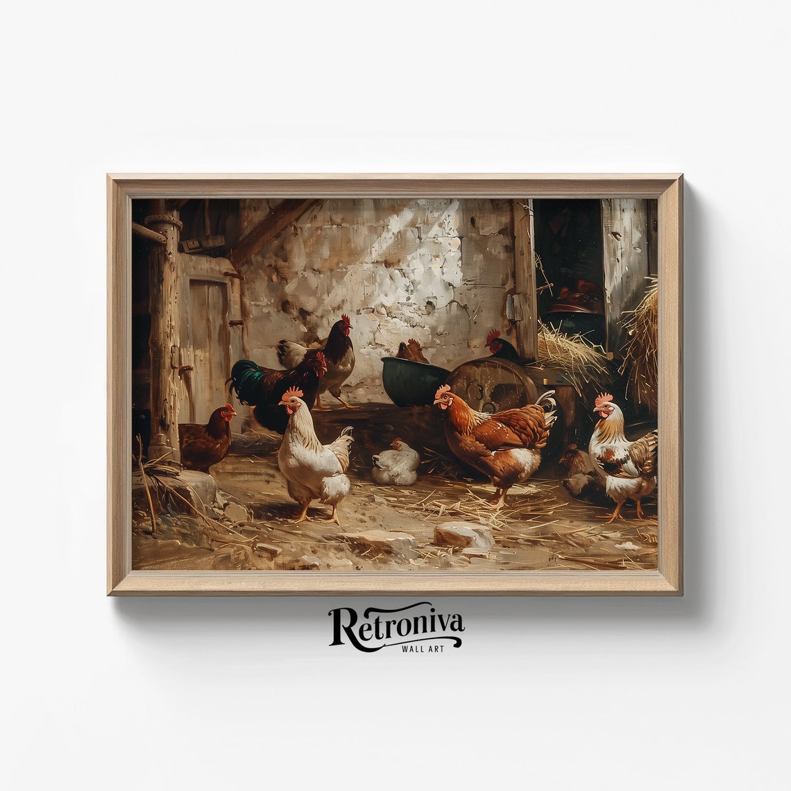 Chicken Farm Vintage Country Oil Painting Cottage Farmhouse Wall Art Antique Farmyard Scene Art Print Retroniva Art Anm 011