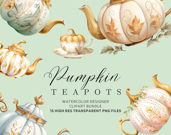 Pastel Halloween Pumpkin Teapot Clipart Whimsical Pastels Gold Bundle Png