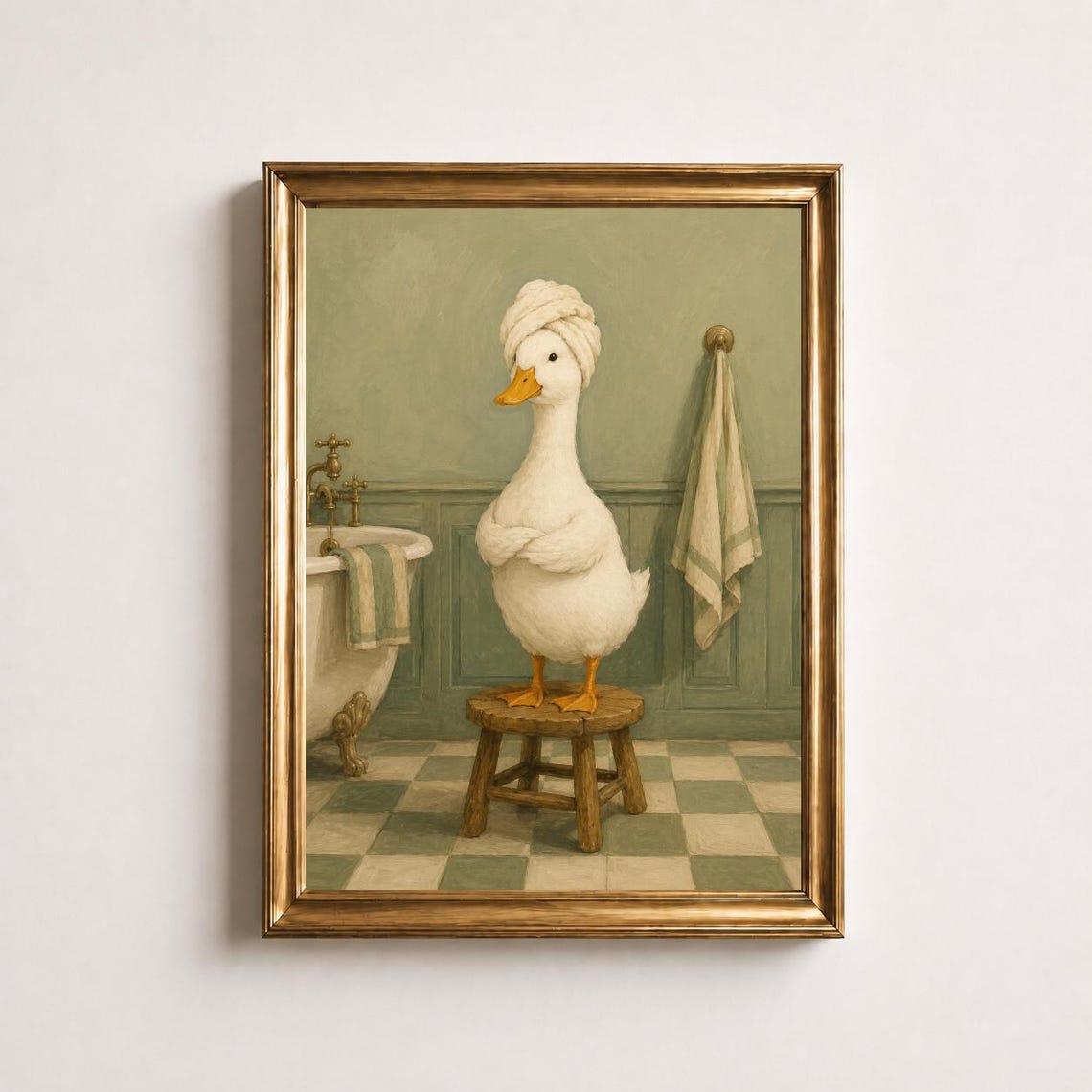 Funny Bathroom Duck Wall Art In Towel Turban Print Sage Green Bath Vintage Powder Room Decor Spa Poster Gift