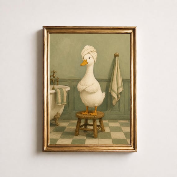 Funny Bathroom Duck Wall Art In Towel Turban Print Sage Green Bath Vintage Powder Room Decor Spa Poster Gift